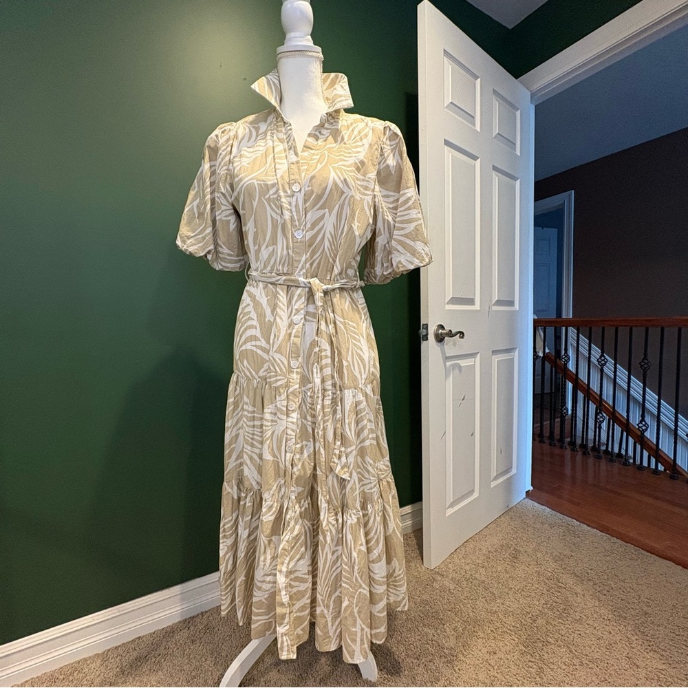 Petal & Pup Beige Leaf Print Midi Dress